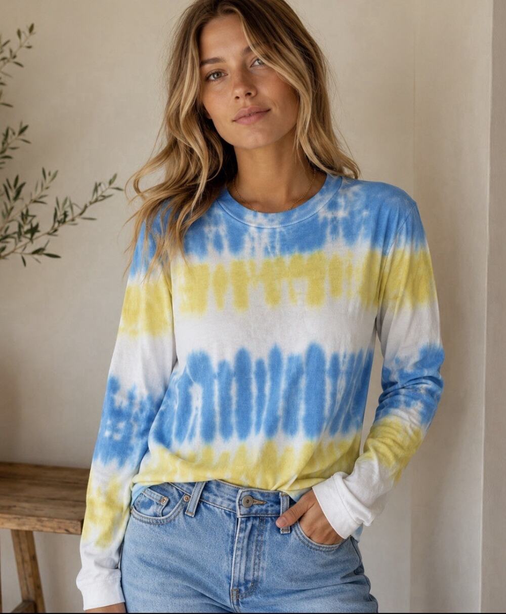 Redone X Hanes Sky Stripe 50's LS Tee Small NWT Blue Yellow Tie Dye USA